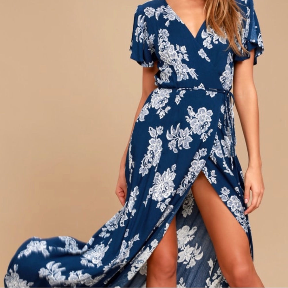 Lulus Blue Floral Maxi Wrap Dress